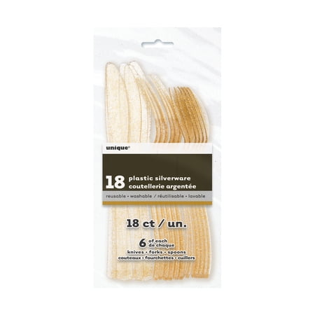 Unique Industries Assorted Plastic Silverware for 6, Gold Glitter, 18pc