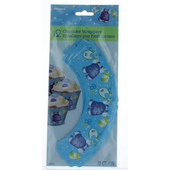 Unique Industries Clothesline Cupcake Wrappers, Blue Boy Baby Shower Party, 12 Count