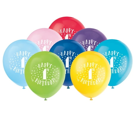 Unique Industries Latex 16" Multi-color Graphic Prints Happy 1st Birthday Balloons, 8 Count
