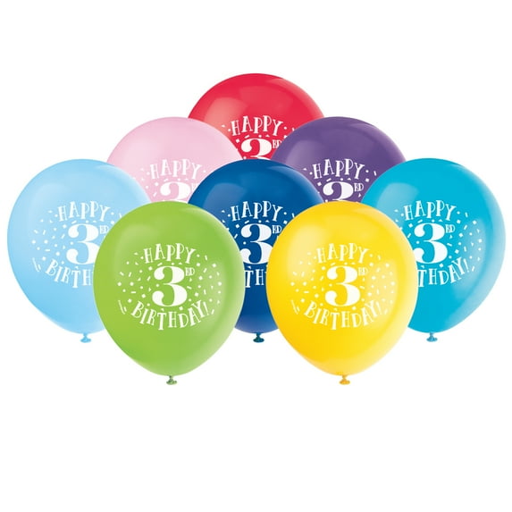 Unique Industries Latex 16" Multi-color Graphic Prints Happy 3rd Birthday Balloons, 8 Count