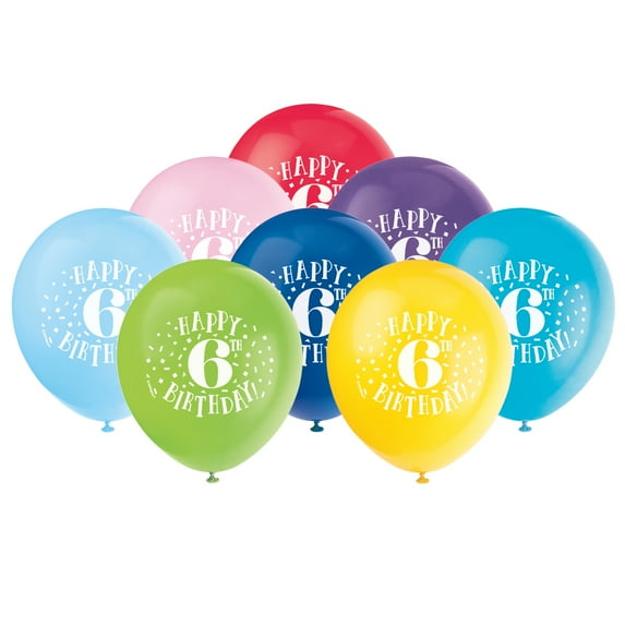Unique Industries Latex 16" Multi-color Graphic Prints Happy 6th Birthday Balloons, 8 Count