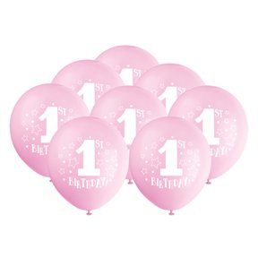 Unique Industries Latex 16" Pink Graphic Prints Stars Girl 1st Birthday Balloons, 8 Count