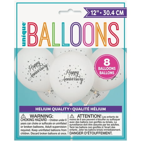 Unique Industries Latex 16" White Happy Anniversary Text Balloons, 8 Count