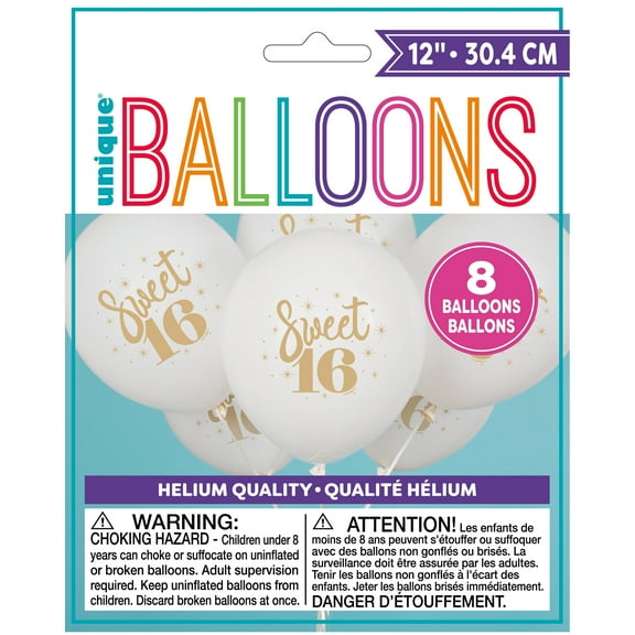 Unique Industries Latex Script Sweet 16" White Graphic Prints 16th Birthday Balloons, 8 Count