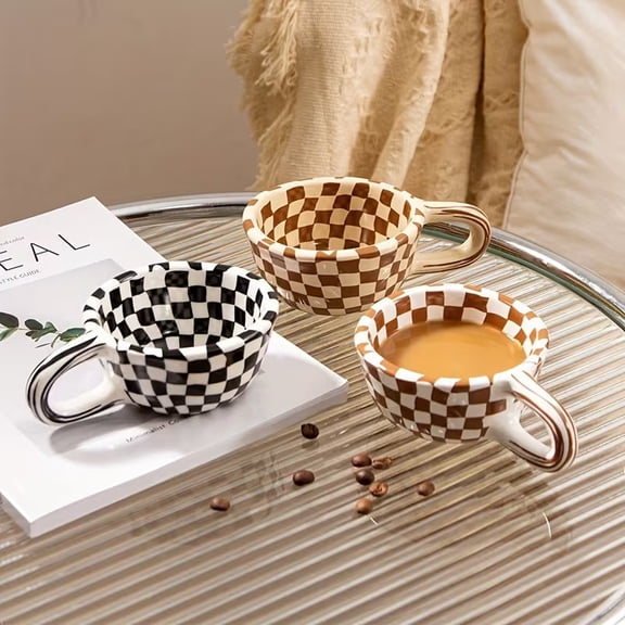 Unique Irregular Checkered Ceramic Mug - 7oz Stylish Coffee Cup for Home and Office Use