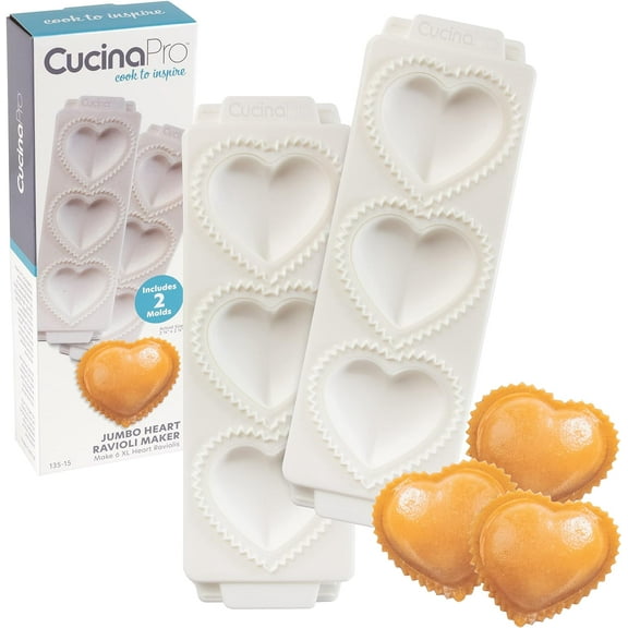 Jumbo 3-Inch Heart Ravioli Molds 2 PK- Homemade Filled Pasta Maker- 2 pc Tray & Press makes 3 Large Italian Raviolis, Easy to Use Clean- Add Love to Italian Dinner