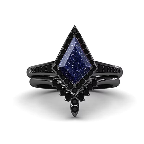 Unique Kite Cut Blue Sandstone Engagement Ring Set in 14K Black Gold Vermeil- Black Diamond Ring with Marquise Shape Wedding Band Bridal Ring Set Women