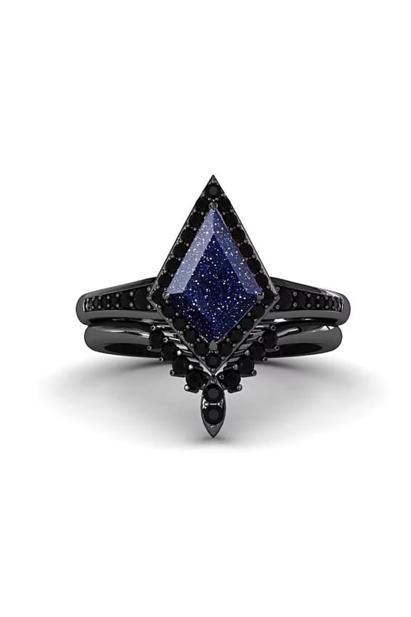 Unique Kite Cut Blue Sandstone Engagement Ring Set in 14K Black Gold Vermeil- Black Diamond Ring with Marquise Shape Wedding Band Bridal Ring Set Women