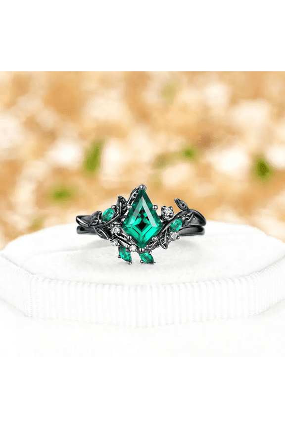 Unique Kite Cut Emerald Engagement Ring Set in 14K Black Gold Vermeil- Leaf Nature Inspired Ring- May Birthstone