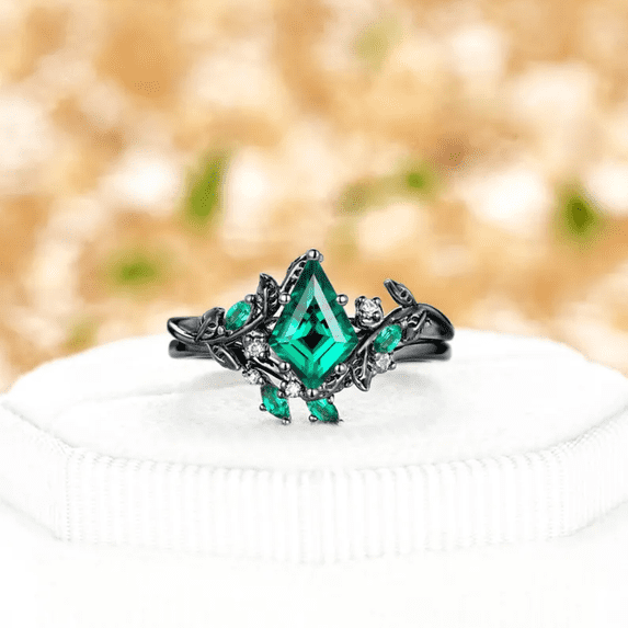 Unique Kite Cut Emerald Engagement Ring Set in 14K Black Gold Vermeil- Leaf Nature Inspired Ring- May Birthstone