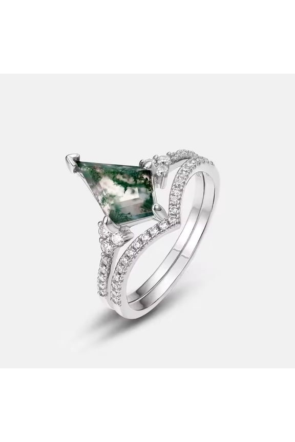 Unique Kite Cut Lab Created Moss Agate & Diamond Engagement Ring Set in Sterling Silver – Distinctive Wedding Agate Stacked Rings for Her, Elegant and Timeless Jewelry Gift