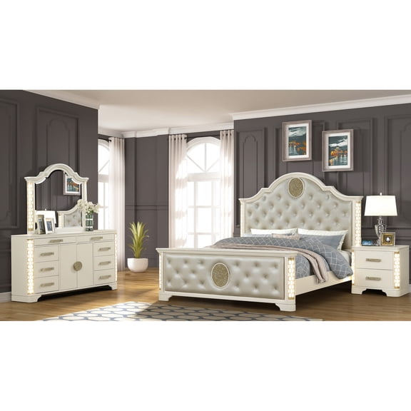 Unique LED, Geometric Design - Enhance Bedroom Ambiance with 4-Piece Queen Bedroom Set