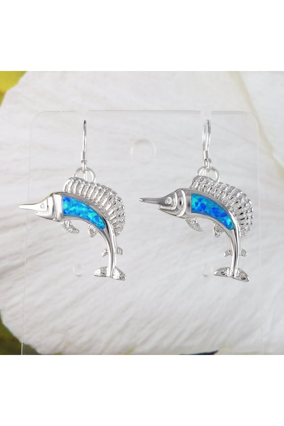 Unique Large Hawaiian Blue Opal Marlin Earring, Sterling Silver Blue Opal Marlin Dangle Earring, E6161 Birthday Mom Mother Gift
