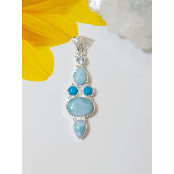 Unique Larimar Pendant, Solid 925 Sterling Silver, AAA Grade Larimar Jewelry, Multi Stone Larimar Necklace Pendant, Dominican Larimar, Gift