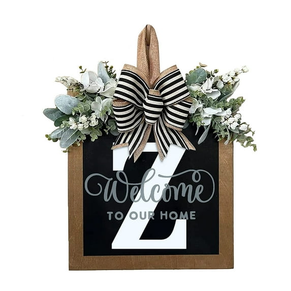 Unique Last Name Round Front Door Wreath With Bow, Welcome Sign Garland Creative Letter Rustic Wreath For Front Door Decor