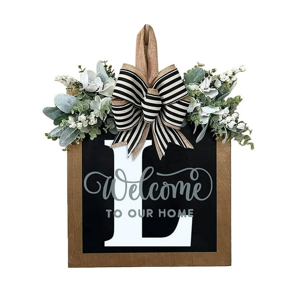 Unique Last Name Round Front Door Wreath With Bow, Welcome Sign Garland Creative Letter Rustic Wreath For Front Door Decor