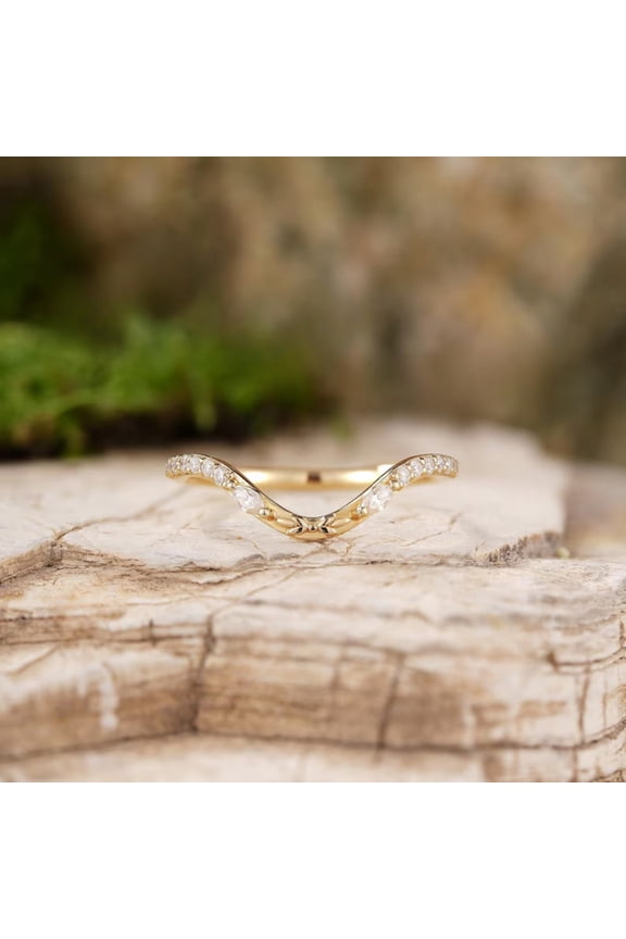 Unique Leaf Curved Wedding Band in 14K Yellow Gold Vermeil, Diamond Chevron Stacking Ring, V Shaped Nesting Wedding Band for Women