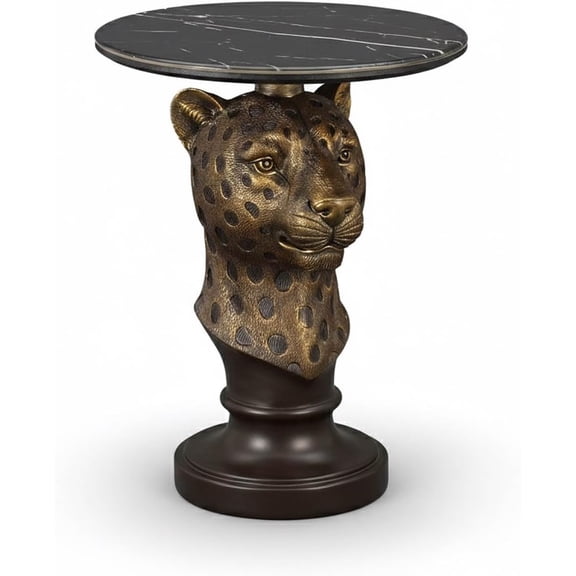 Unique Leopard Head Side Table, 25" Art Deco Animal Decor End Table with Faux Marble Top, Sculptural Pedestal Accent Table for Living Room Bedroom Entryway Home Office (Antique Brown Leopard Head)