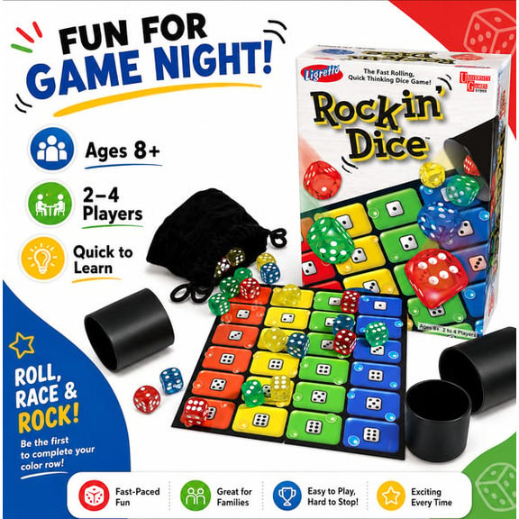 Unique Ligretto Rocking Dice Game, Fast Paced Simultaneous Dice Rolling Board Game for 2-4 Players Ages 8+, 24 Colored Dice with 4 Shaker Cups, Family Party Travel Game Gift