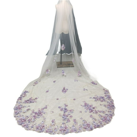 Unique Lilac Purple 3D Floral Bridal Veil with Pearls - Long Cathedral Wedding Veil with Comb