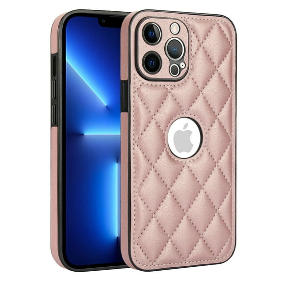 Unique Logo View Design Luxury PU Leather Lozenge Pattern Phone Case for iPhone 13 Pro Anti-Slip Scratch Resistant Ultra Slim Shockproof Anti-fall Protective Phone Case Cover,Rosegold