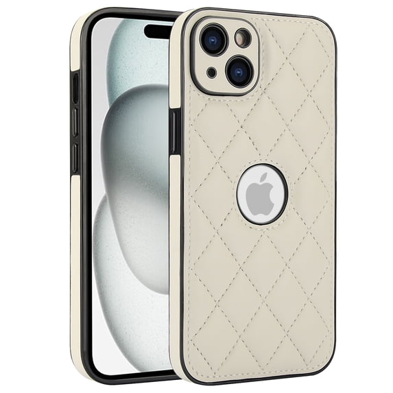 Unique Logo View Design Luxury PU Leather Lozenge Pattern Phone Case for iPhone 14 Anti-Slip Scratch Resistant Ultra Slim Shockproof Anti-fall Protective Phone Case Cover,White