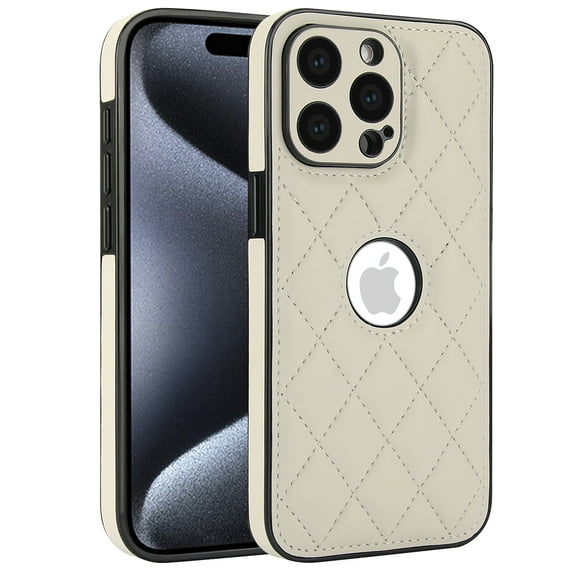 Unique Logo View Design Luxury PU Leather Lozenge Pattern Phone Case for iPhone 14 Pro Max Anti-Slip Scratch Resistant Ultra Slim Shockproof Anti-fall Protective Phone Case Cover,White
