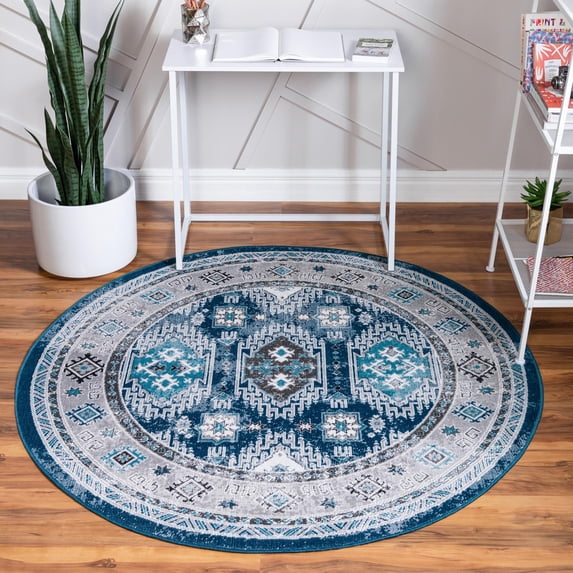 Unique Loom Aarhus Collection Area Rug - Southwestern (8' Round Blue/Black)