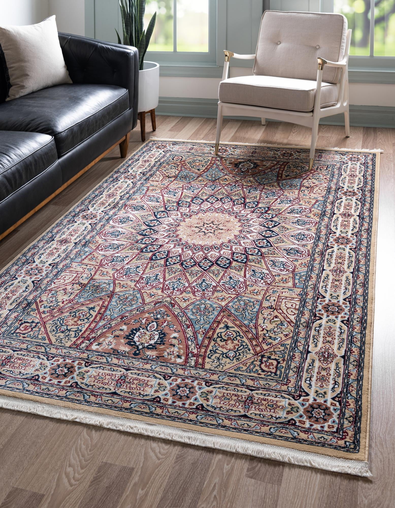 Tan and Blue Floral Synthetic 8' x 10' Rectangular Rug