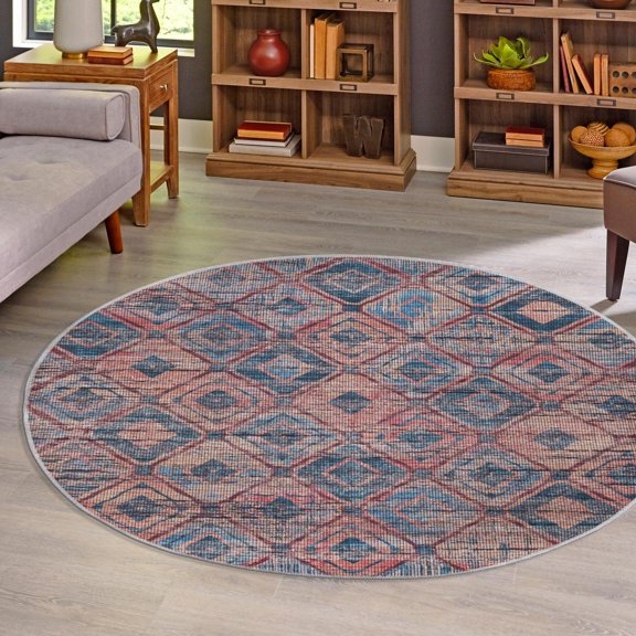 Unique Loom Sisu Collection Area Rug - Aksil (3' 11" Round Peach and Blue/Navy Blue)