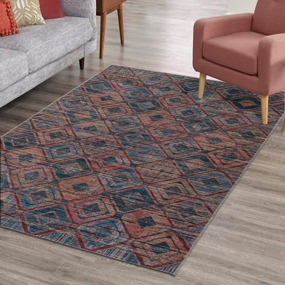 Unique Loom Sisu Collection Area Rug - Aksil (5' 3" x 8' Rectangle Peach and Blue/Navy Blue)