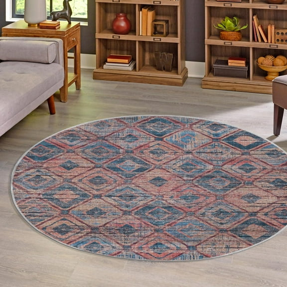 Unique Loom Sisu Collection Area Rug - Aksil (7' 10" Round Peach and Blue/Navy Blue)