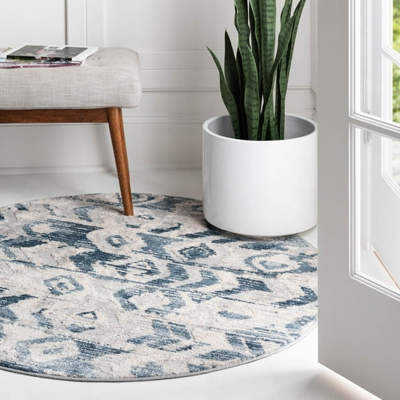 Unique Loom Caspian Collection Area Rug - Aktau (5' 3" Round Gray Cream/Silver)