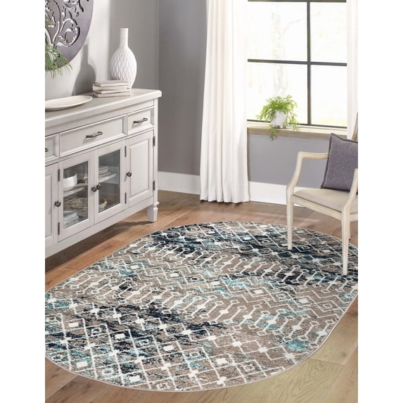 Unique Loom Tribal Trellis Collection Area Rug - Alaoui (4' x 6' Oval Multi Gray Blue/Ivory)