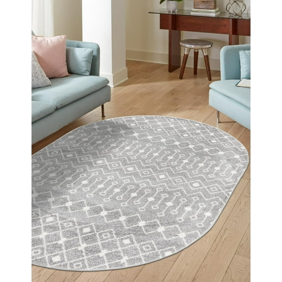 Unique Loom Tribal Trellis Collection Area Rug - Alaoui (5' 3" x 8' Oval Gray/Ivory)