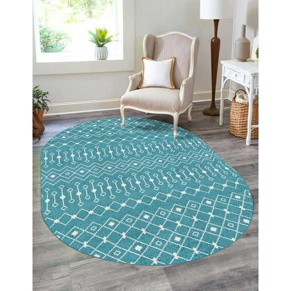 Unique Loom Tribal Trellis Collection Area Rug - Alaoui (5' 3" x 8' Oval Turquoise/Ivory)