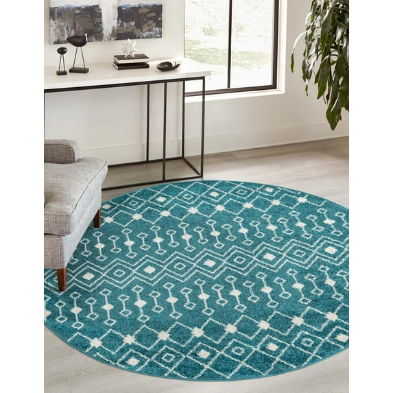 Unique Loom Tribal Trellis Collection Area Rug - Alaoui (7' 10" Round Turquoise/Ivory)