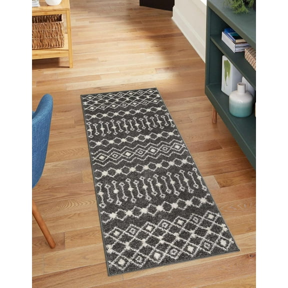 Unique Loom Tribal Trellis Collection Area Rug - Alaoui (2' x 7' Runner Dark Gray/Ivory)
