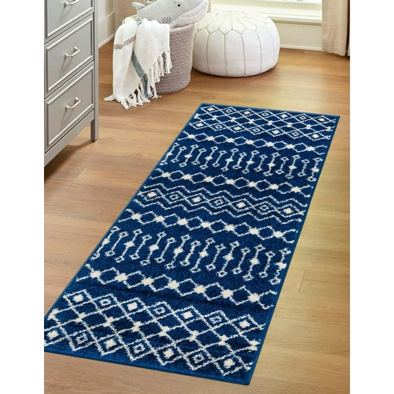 Unique Loom Tribal Trellis Collection Area Rug - Alaoui (2' x 8' Runner Navy Blue/Ivory)