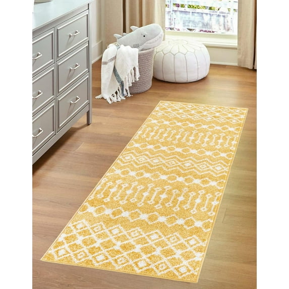Unique Loom Tribal Trellis Collection Area Rug - Alaoui (3' 3" x 16' 5" Runner Yellow/Ivory)