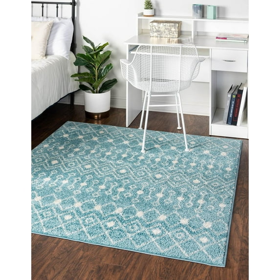 Unique Loom Tribal Trellis Collection Area Rug - Alaoui (4' Square Aqua Blue/Ivory)