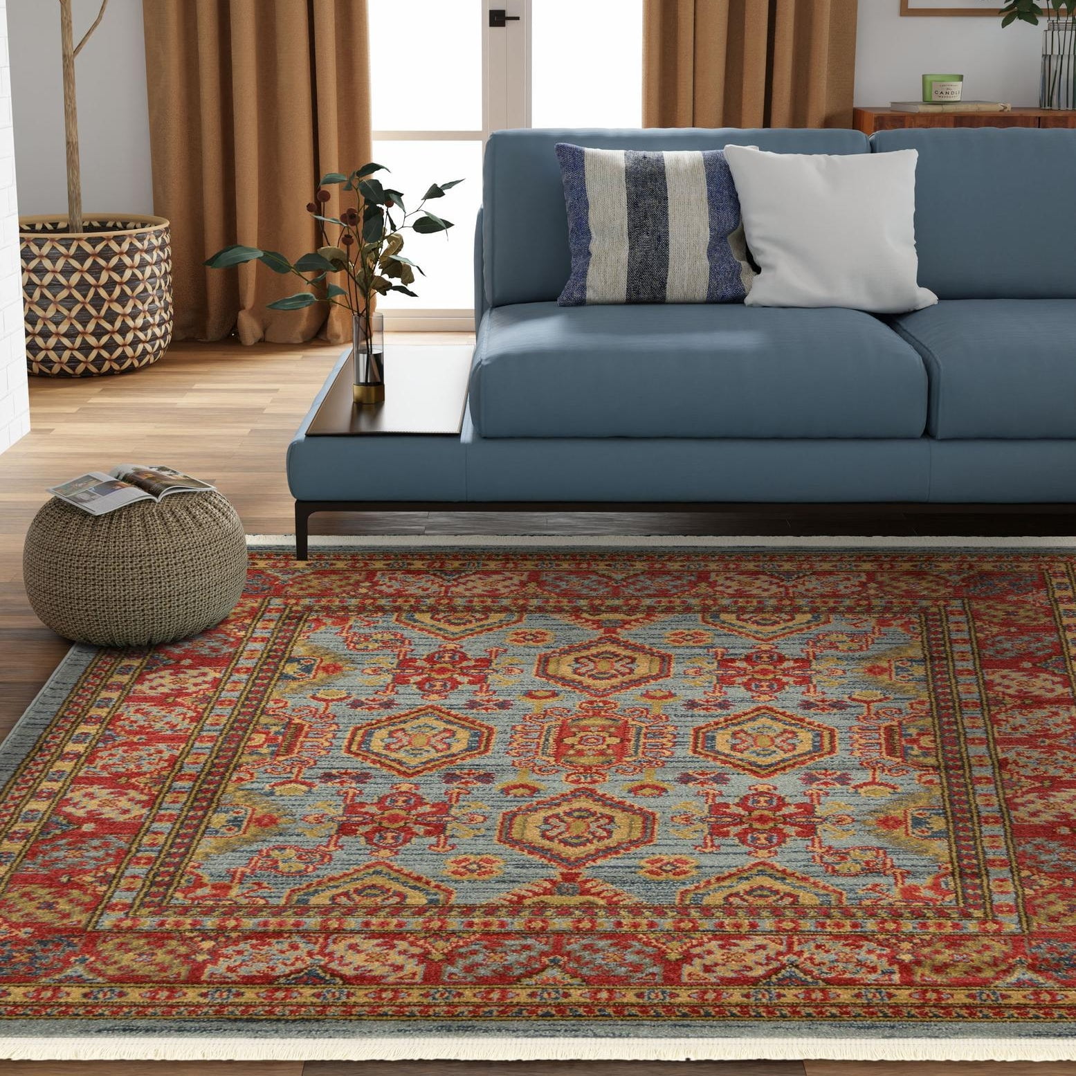 Sara Light Blue 4' Square Synthetic Persian-Inspired Rug