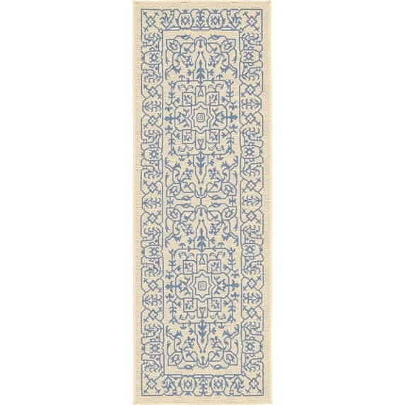 Unique Loom Allover Indoor/Outdoor Botanical Rug Beige and Blue/Blue 2' x 6' 1" Runner Border Traditional Perfect For Patio Deck Garage Entryway