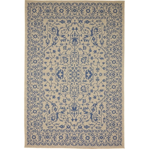 Unique Loom Allover Indoor/Outdoor Botanical Rug Beige and Blue/Blue 6' 1" x 9' Rectangle Border Traditional Perfect For Patio Deck Garage Entryway