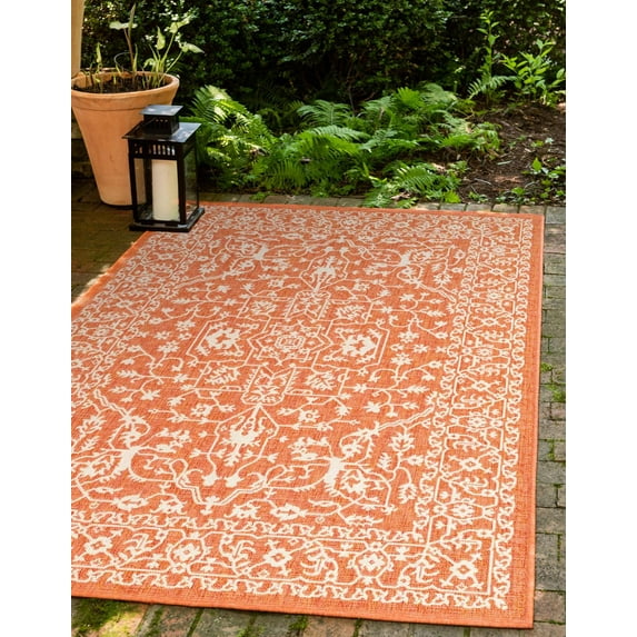 Unique Loom Allover Indoor/Outdoor Botanical Rug Terracotta/Beige 9' x 12' Rectangle Border Traditional Perfect For Patio Deck Garage Entryway
