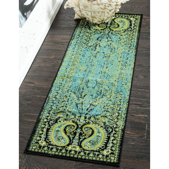 Unique Loom Anatolla Imperial Rug Aquamarine/Black 3' x 9' 10" Runner Paisley Bohemian Perfect For Bathroom Hallway Mud Room Laundry Room