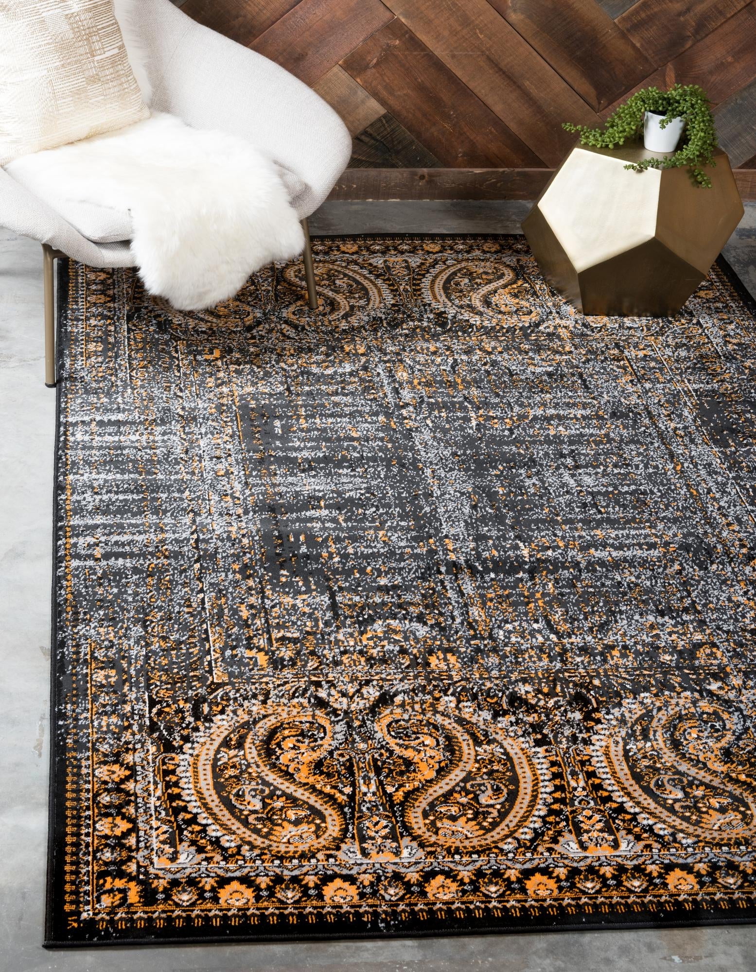 Elegant Black and Orange Synthetic 2' x 3' Rectangular Rug