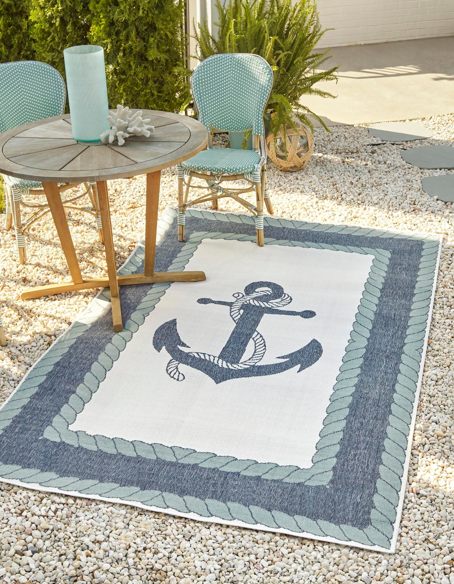 Navy Blue Anchor Outdoor Rectangular Synthetic Rug 8' x 10'