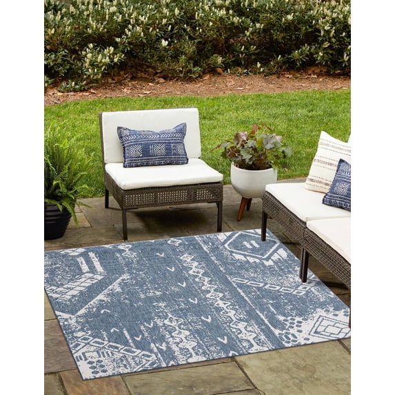 Unique Loom Outdoor Bohemian Collection Area Rug - Anthro (7' 1" Square Blue/Ivory)