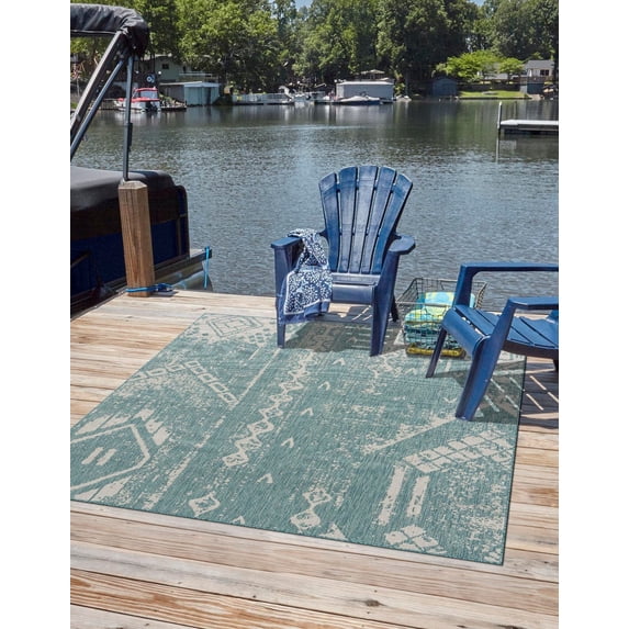 Unique Loom Outdoor Bohemian Collection Area Rug - Anthro (7' 1" Square Light Aqua/Ivory)